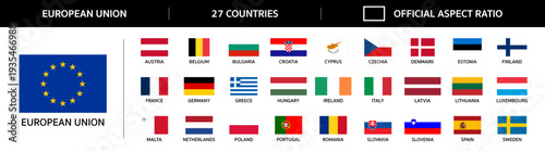 Flags of countries of European Union. Set of all national flags of EU 27 member states in official aspect ratio