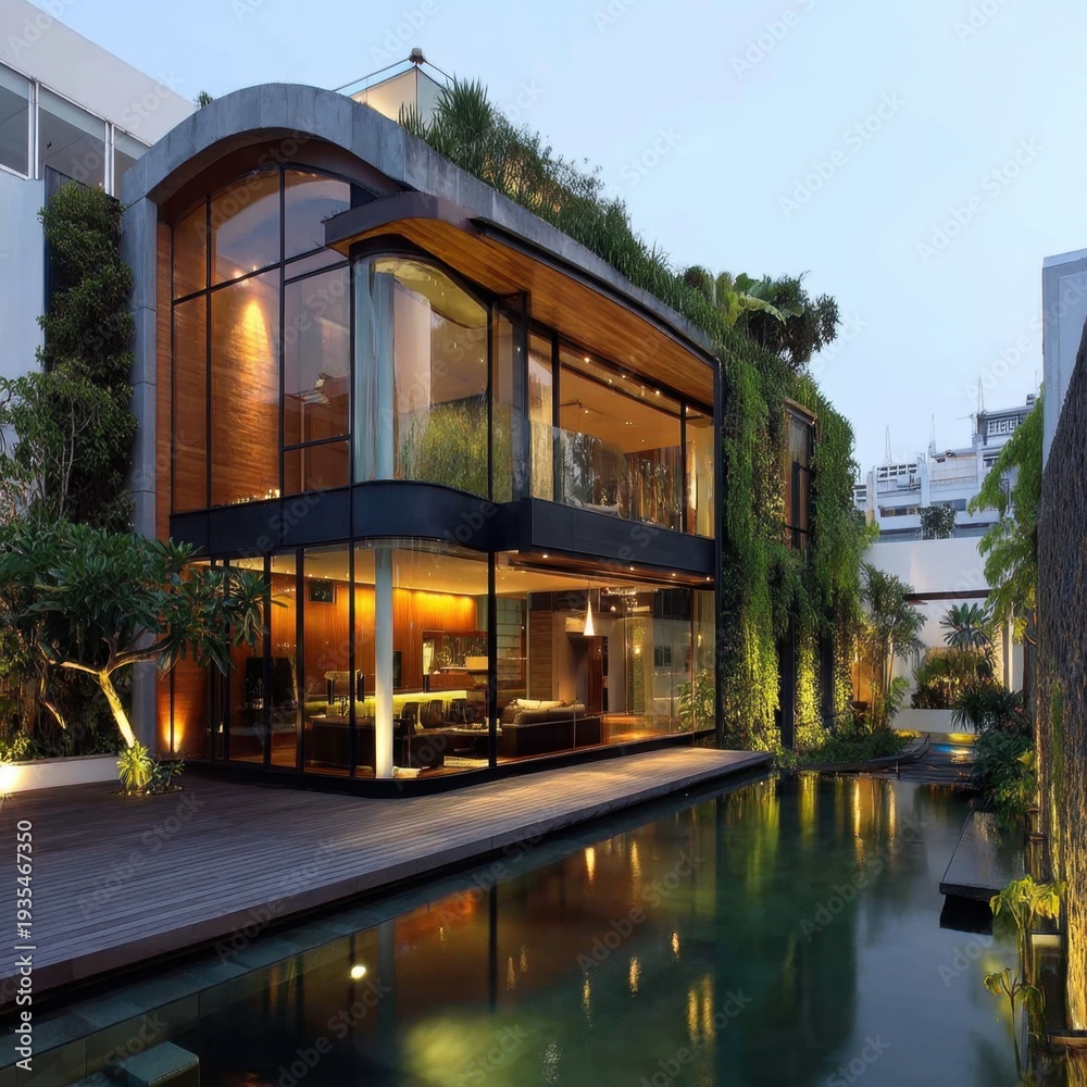 Obraz premium Modern architectural design with greenery, glass, and reflecting pool in an elegant urban setting at sunset