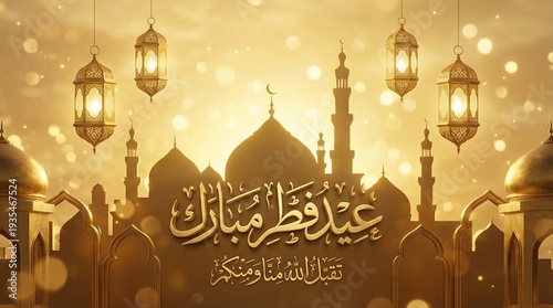 Eid Mubarak Arabic Calligraphy. Islamic Eid Fitr Adha Greeting Card design. Translated: we wish you a blessed Eid. عيدكم مبارك عيد فطر مبارك