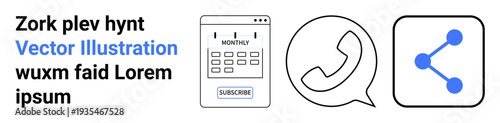 Digital tools, subscriptions, networking, contact management, scheduling, communication. A calendar with subscription text, phone call icon and sharing symbol. Subscriptions and communication