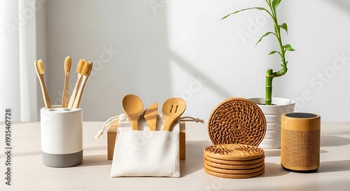 Wallpaper Mural Bamboo kitchen utensils and coasters on a table with plant Torontodigital.ca