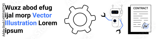Automation, business processes, AI integration, digital contracts, technology solutions, innovation. Robot holding a contract next to a gear icon. Automation and business processes visualization