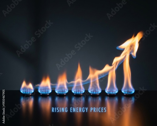 Flames representing rising energy prices with blue and orange hues on a dark background