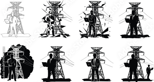 Electrical engineer working on laptop at high voltage power transmission tower grid, professional technician managing energy infrastructure silhouette vector illustration.