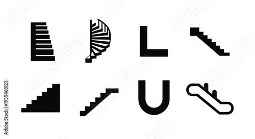 Abstract geometric shapes resembling staircases displayed in a minimal silhouette