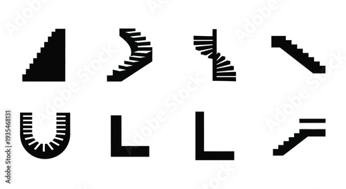 Abstract arrangement of black staircases and geometric shapes a stark silhouette