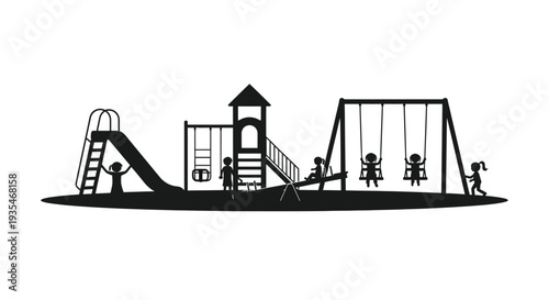 Black playground scene with children playing including a swing set silhouette