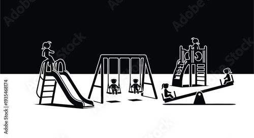Playground scene with children enjoying swings slides and a seesaw silhouette