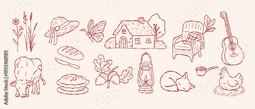 Rustic cottagecore farm vector set with homemade pie bread cow hen and cottage house in hand drawn doodle line art style for organic bakery branding design