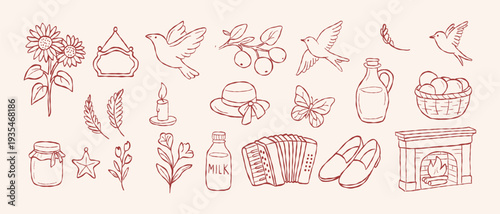 Rustic cottagecore vector set with accordion fireplace, flying birds, milk bottle and sunflowers in hand drawn doodle line art style for cozy home design
