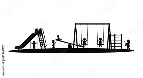 Children playing on a playground set with a slide and swings silhouette