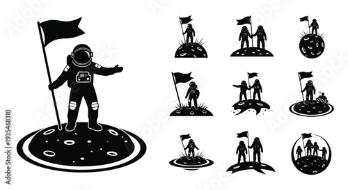 Astronauts on the moon with flags a graphic collection in silhouette