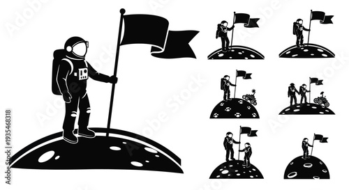 Astronauts planting flags on the moon a black and white illustration silhouette