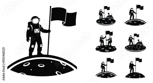 Astronauts on lunar surface with flags a repeating graphic silhouette