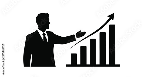 Business professional gesturing toward rising graph representing success silhouette