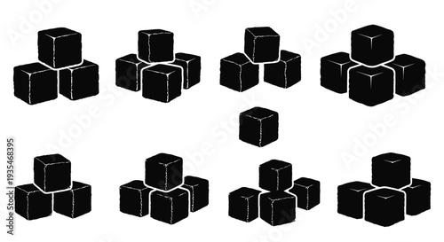 Arrangement of black cubic blocks in various groupings a stark silhouette