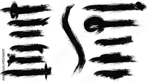 A set of diverse black brush stroke textures, perfect for adding a grunge or artistic touch to design projects.