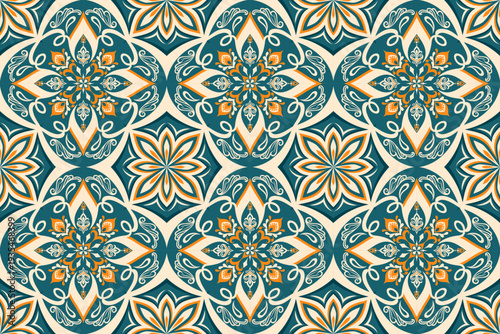 Decorative medallion seamless tile pattern in teal, navy and orange. Ideal for upholstery, wallpaper, home decor textiles and large scale surface manufacturing.