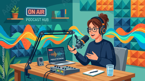Energetic young woman podcast host on air. Modern vector illustration perfect for podcasting, radio, content creation, influencer, or media production themes.