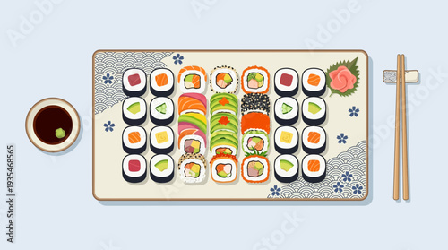 Cute kawaii sushi platter on starry blue tray. Adorable vector illustration perfect for Japanese food, sushi lover, restaurant menu, kids designs, or foodie stickers and cafe themes.