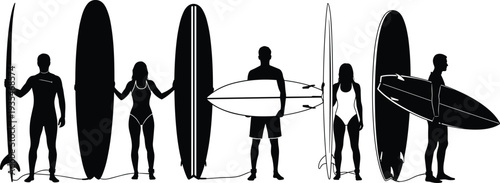 Silhouette group of surfers holding surfboards in various standing poses, active beach lifestyle, summer water sports, surfing culture vector illustration