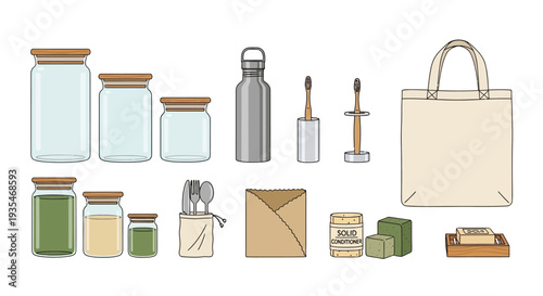 Eco-friendly zero waste essentials flat lay. Clean vector illustration perfect for sustainable living, green lifestyle, plastic-free, eco shop, or environmental awareness designs.