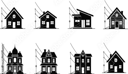 Silhouette house illustrations, pulley system, architectural styles, mechanical concept, physics diagram, engineering design, structural analysis, gable roof, modern home, Victorian building