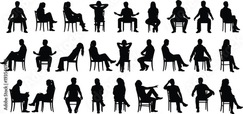 Silhouette illustration of diverse people sitting in various poses on chairs, representing relaxation, discussion, waiting, lifestyle, conversation, and body language
