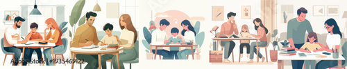 Vector of Parents Teaching Kids at Home
