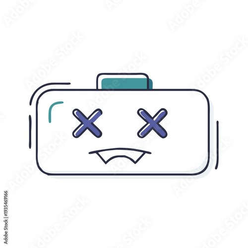 Dead battery icon with cartoon face and crossed eyes for gadgets  