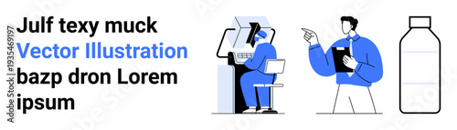 Work environment, supervision, compliance, health guidance, task management, workplace ergonomics. Employee working at a computer and supervisor pointing. Work environment and supervision concept