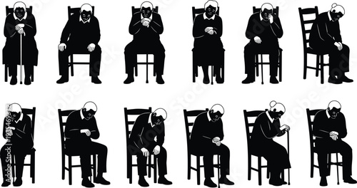 Silhouette illustration of elderly man sitting in multiple poses, expressing fatigue, rest, relaxation, health themes, senior lifestyle concept artwork