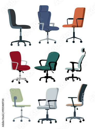 Set of modern office chairs arranged in a 3x3 grid, showcasing varied designs and colors. Flat vector illustration isolated on transparent background.
