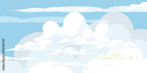 Illustration of a blue sky with white clouds in a flat style. Blue sky background and white clouds. Cartoon sky	