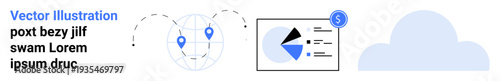 World map with location pins, analytics dashboard with pie chart, and cloud graphic. Ideal for global networking, data analytics, cloud computing, finance, marketing, SaaS simple landing page