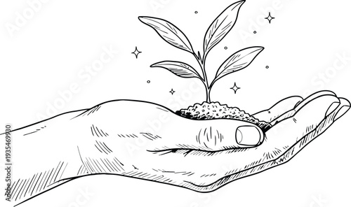 Hand holding growing plant illustration, eco growth concept, sustainability, environment care, nature protection line art vector design