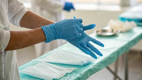Person wearing blue disposable gloves in a clinical setting preparing for a medical procedure with face masks and sterile equipment on a covered table.
