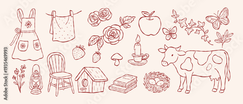 Cute cottagecore domestic life vector set with floral apron clothesline cow rose flowers and birdhouse in hand drawn doodle line art style for rustic design