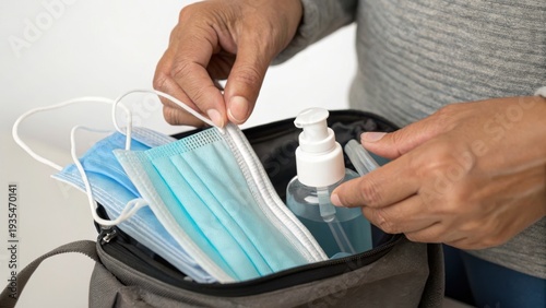 A person places disposable face masks and a bottle of hand sanitizer into a bag, highlighting health and safety precautions.