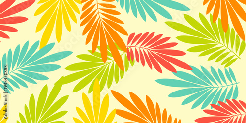 Leaves background with summer fun design concept, abstract illustration with exotic jungle leaves, colorful design, summer background, tropical leaves.Tropical leaf background, palm leaves.