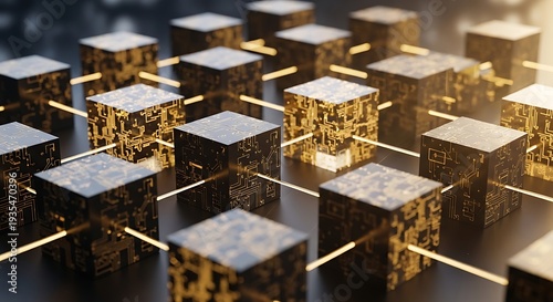 Wallpaper Mural Gold and black blockchain cubes with binary code on dark background Torontodigital.ca