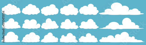 set of vector illustrations of clumpy clouds, cloud bubbles in flat style on a blue background	