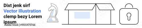 Business strategy, security, packaging design, data protection, logistics, decision-making. Chess piece, opened box and a padlock icon . Strategy and security concept illustrations