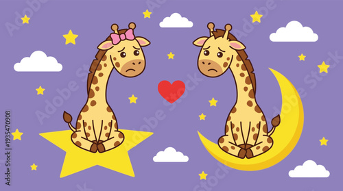 Sad Cartoon Giraffes on Star and Moon with Heart in Purple Night Sky