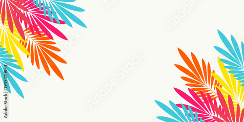 Leaves background with summer fun design concept, abstract illustration with exotic jungle leaves, colorful design, summer background, tropical leaves.Tropical leaf background, palm leaves.