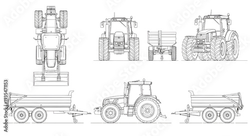 Tractor with Trailer AutoCAD Blueprint Vector – Multi View Agricultural Machinery Technical Drawing