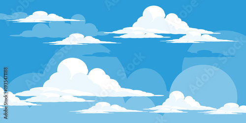 Illustration of a blue sky with white clouds in a flat style. Blue sky background and white clouds. Cartoon sky	