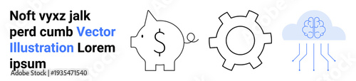 Piggy bank with dollar sign conveys finance, cogwheel suggests productivity, and cloud with neural network lines depicts AI. Ideal for finance, technology, savings, machine learning, automation