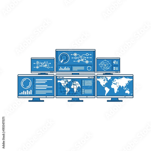 Multiple computer monitors displaying global data, charts, and world maps for strategic analysis and monitoring