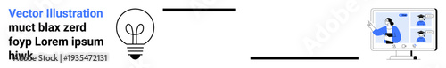 Innovation, teamwork, digital communication, virtual meetings, creativity, technology. Lightbulb and computer screen with virtual meeting graphics. Innovation and teamwork visualization
